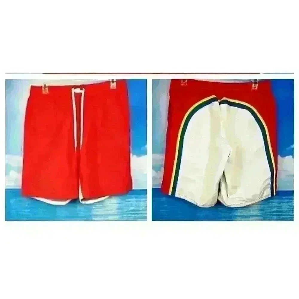 OLD NAVY Men RED Bathing Suit LINED Swim Board Shorts WHITE Back Trunks size Lg